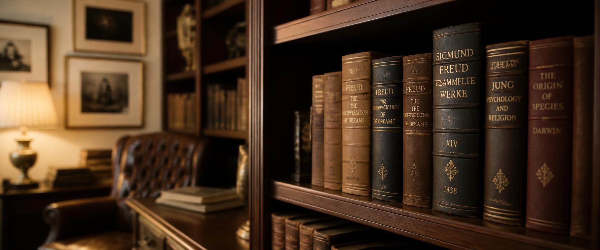 Estante de livros clássicos de psicanálise